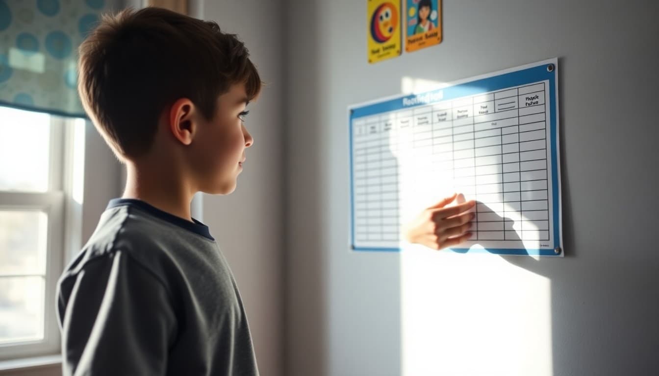 Middle school student tracking completed books on a reading log chart posted on their bedroom wall