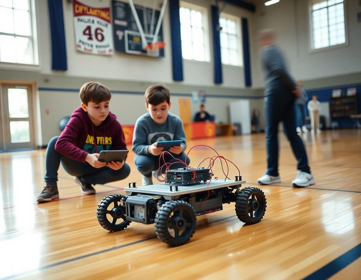 Student team programming a robotics platform to navigate an obstacle course in the school gymnasium