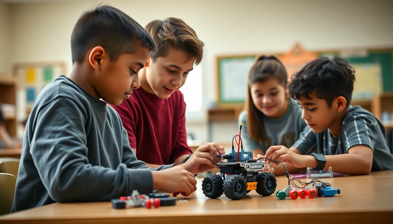 Middle school students assembling and testing a small robot during a hands-on engineering and robotics unit