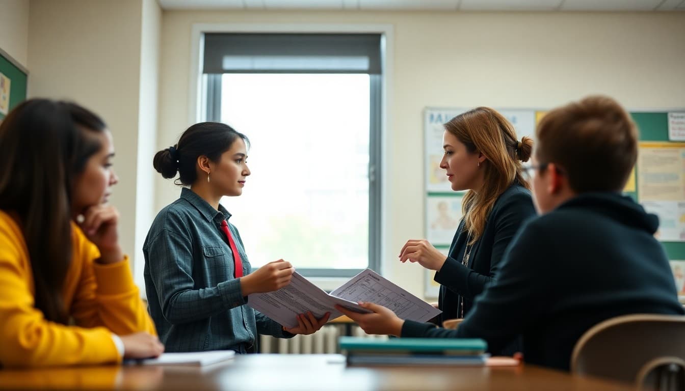 Health teacher reviewing sex education curriculum materials in a classroom