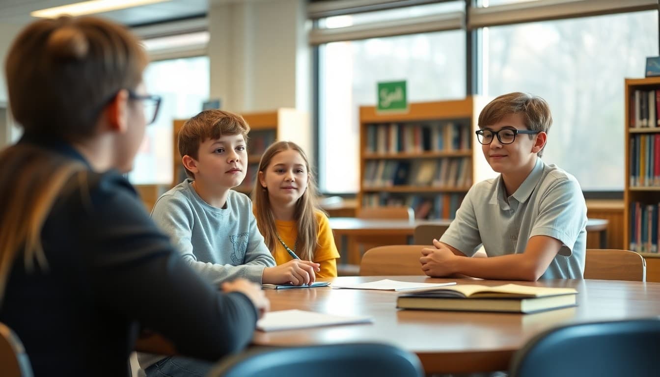 Middle school student council officers leading a meeting in the school library with their advisor