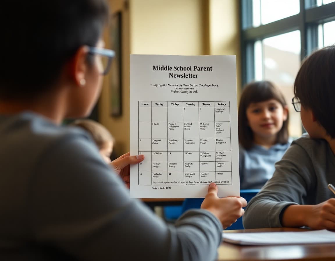 Middle school parent newsletter showing assignment calendar and upcoming state tests