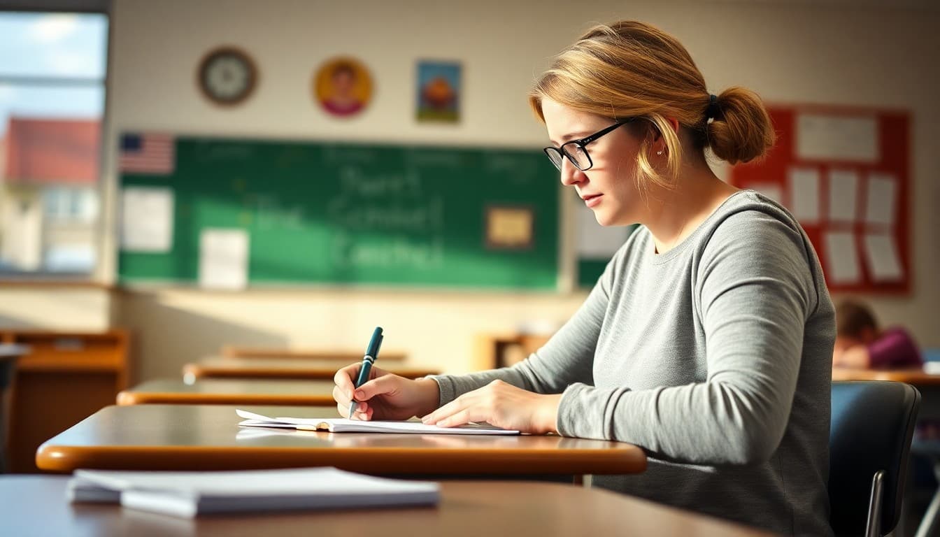 Middle school teacher in Wyoming writing a parent newsletter at a classroom desk