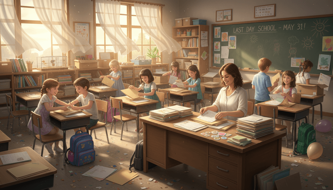 A teacher's classroom in late May with packed boxes, end-of-year cards on the desk, and afternoon light through windows
