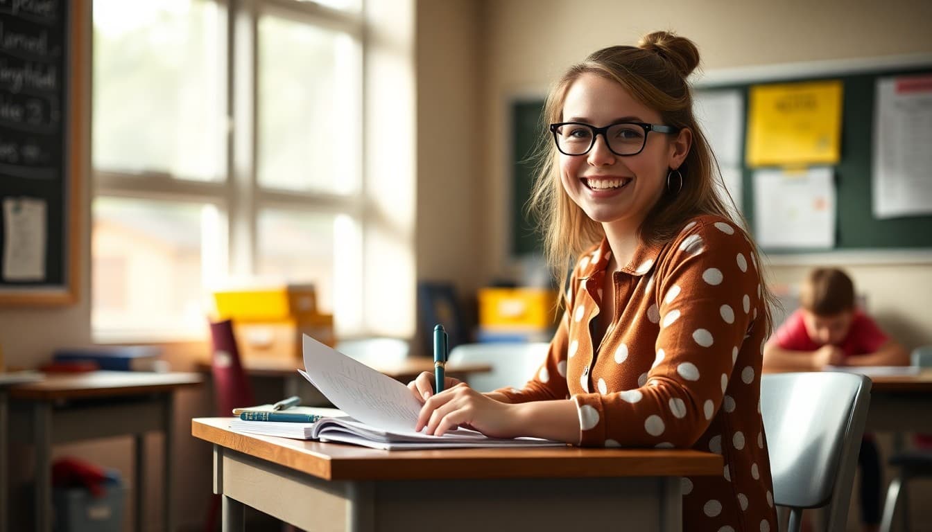 Excited new teacher sitting at desk writing their first back to school newsletter for families
