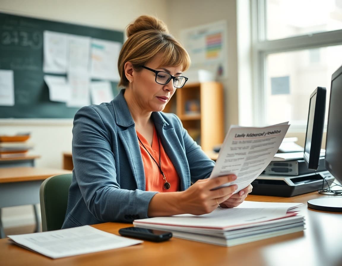 School administrator preparing leave of absence family communication newsletter at desk
