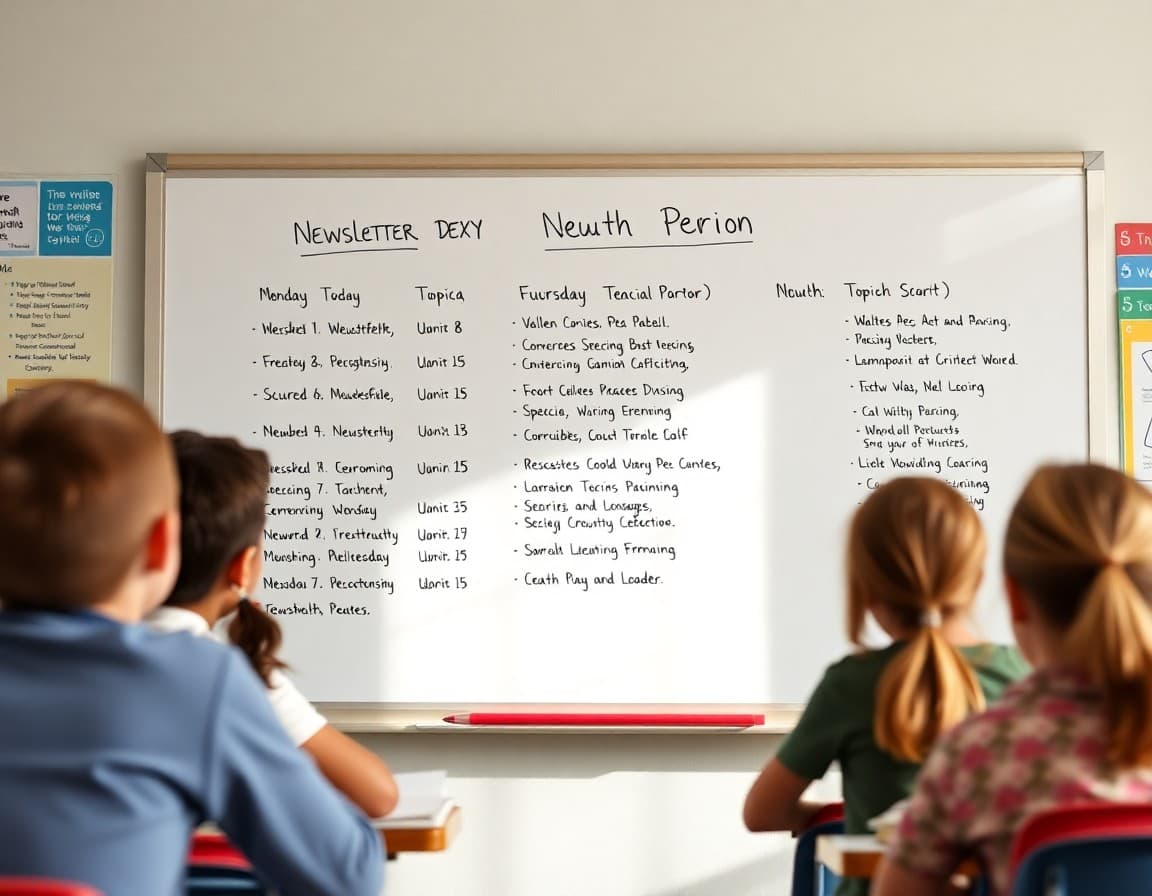 Organized list of newsletter topic ideas organized by month displayed on teacher's whiteboard