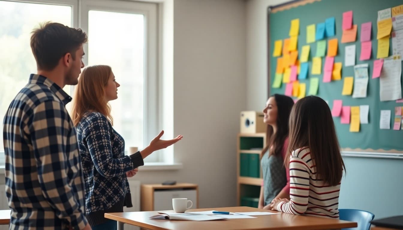 Teacher brainstorming creative classroom newsletter content ideas with colorful sticky notes on wall