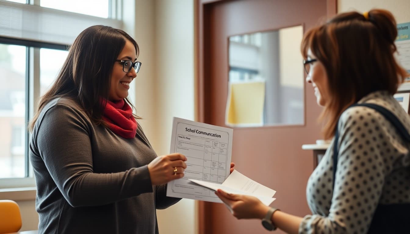 Foster parent receiving school communication guide from school counselor in office