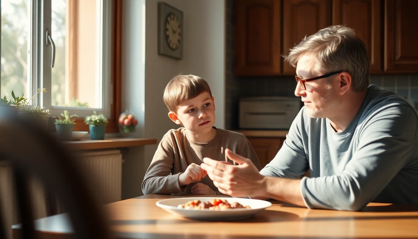 Parent having caring emotional conversation with child at home kitchen table