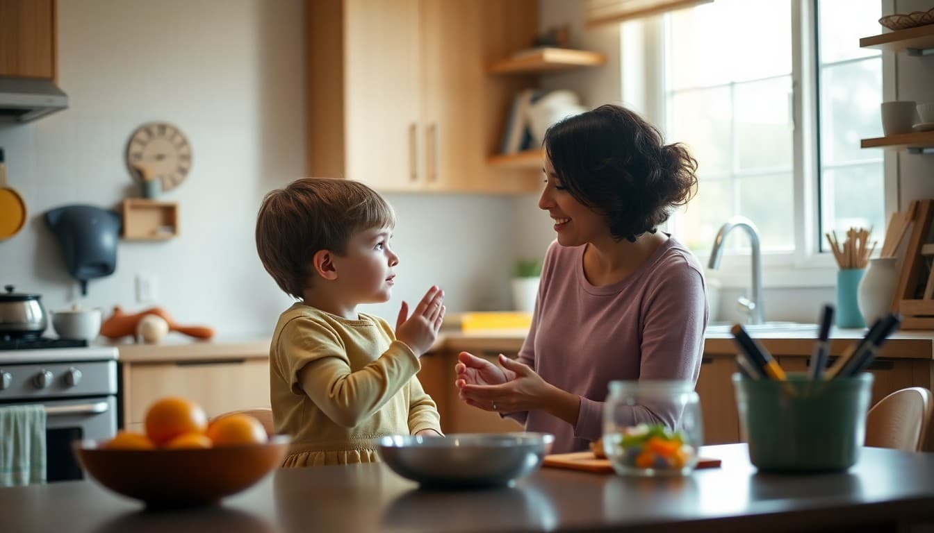 Parent supporting child emotional development during calm conversation at home kitchen