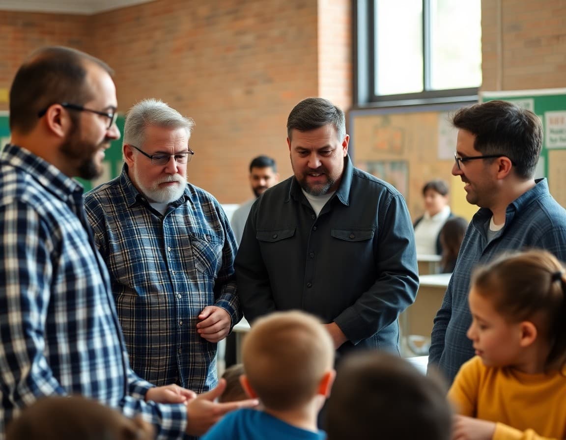 Group of fathers volunteering together at a school event with students