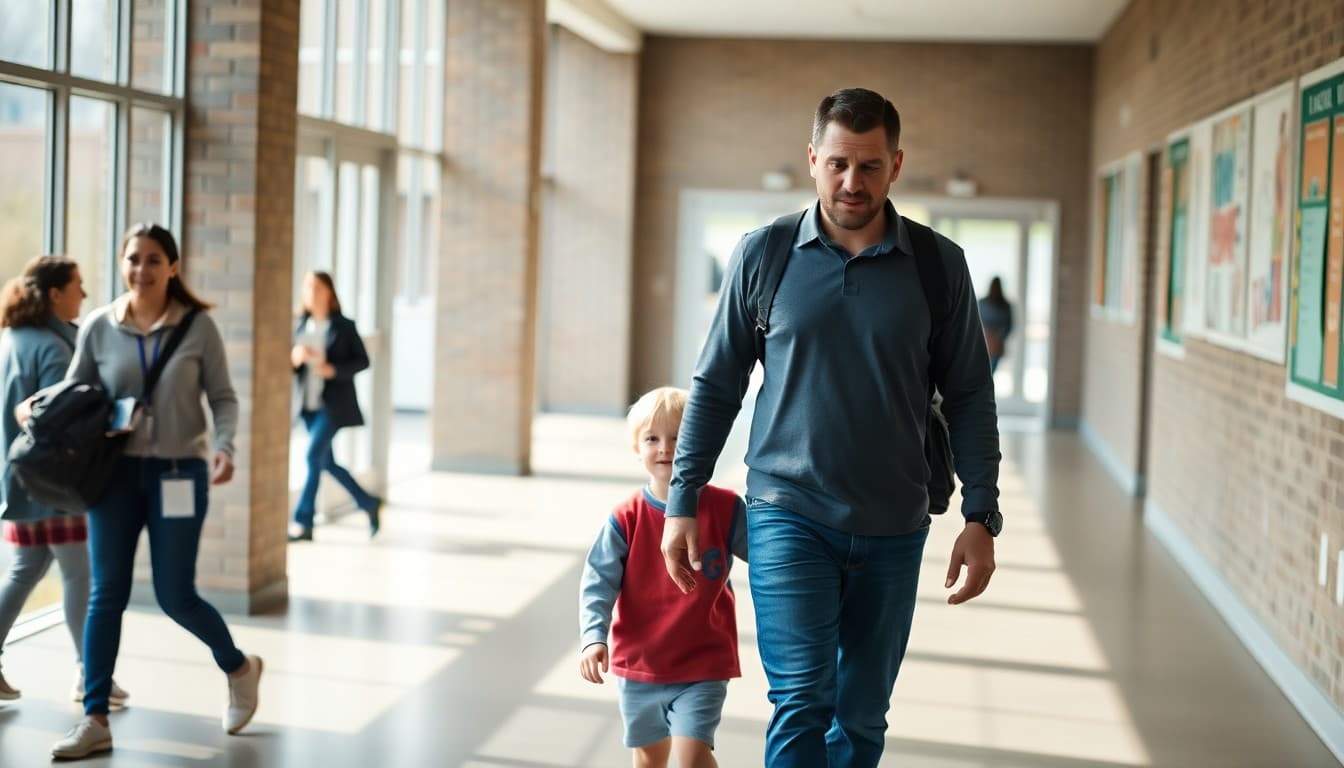 Father and child walking together into a school building for a school event