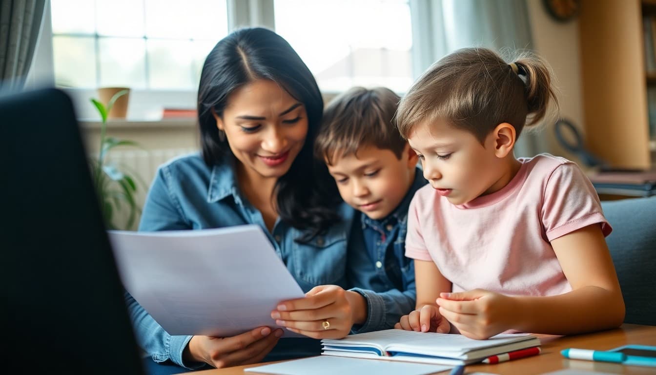 Foster parent and child reviewing school materials together at home