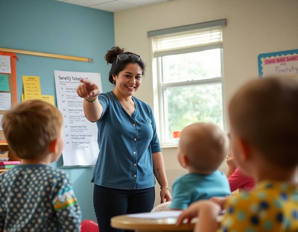 Pre-K teacher pointing to schedule card as children transition between morning activities