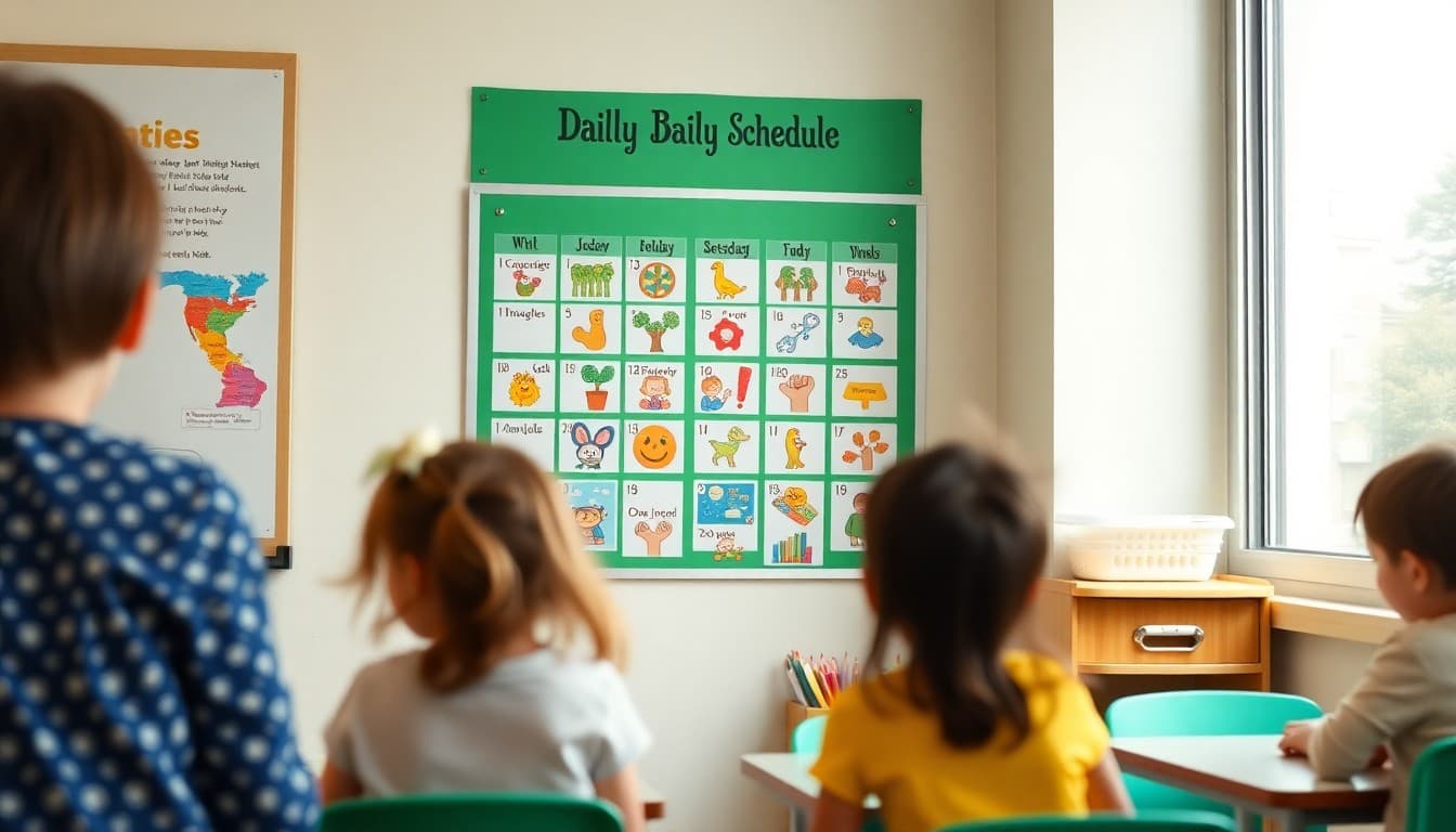 Visual daily schedule with picture cards posted on pre-K classroom wall at child height