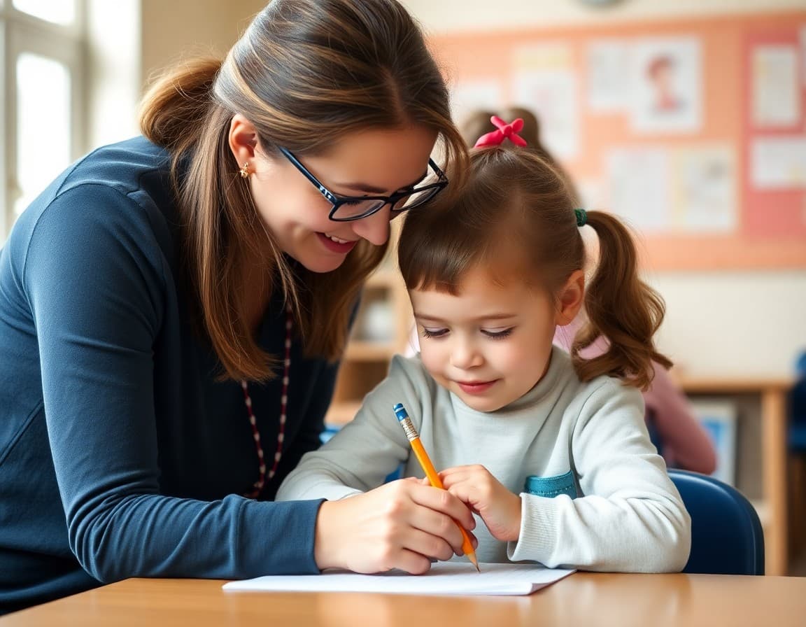 Pre-K teacher guiding a child's pencil grip during an early writing practice activity