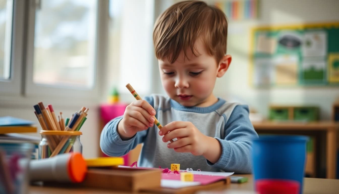 Preschool child developing fine motor skills with art materials and craft activities