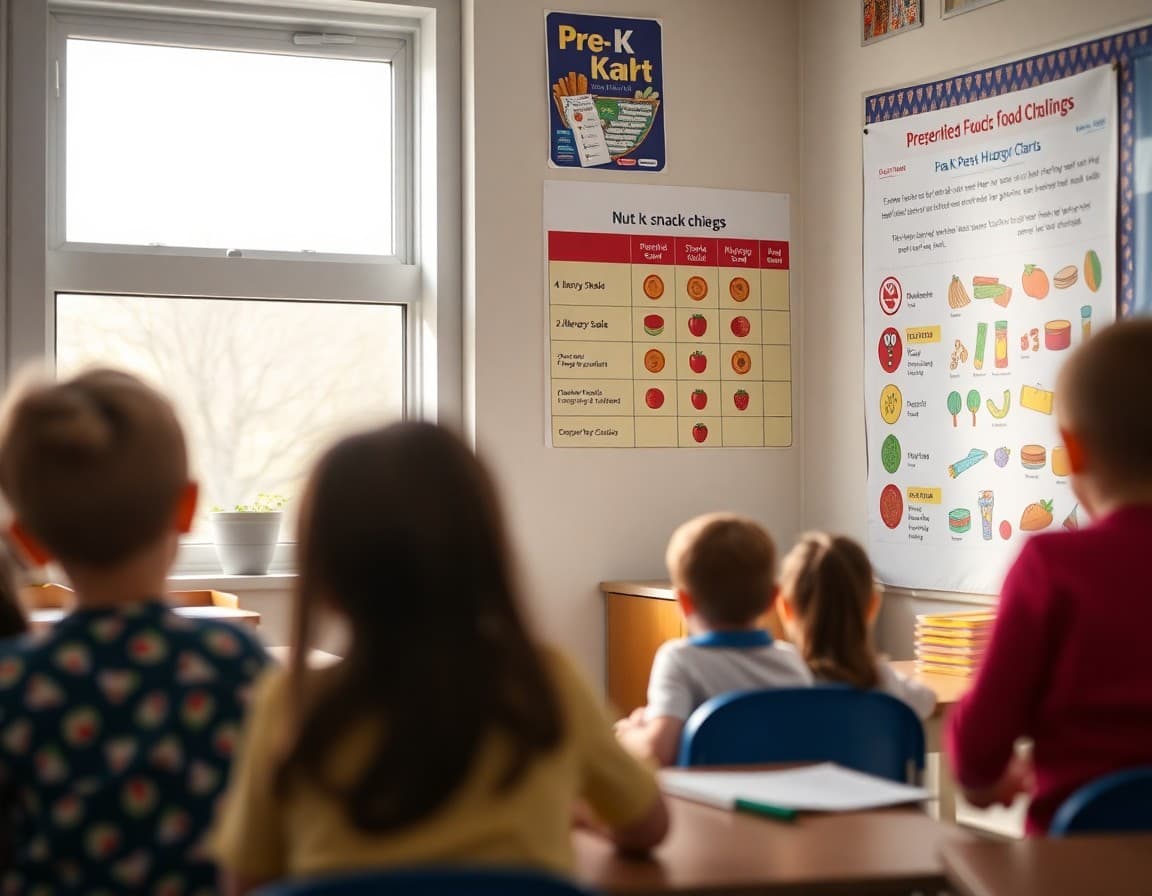 Pre-K classroom snack chart with nut-free and allergy-safe food guidelines posted on wall