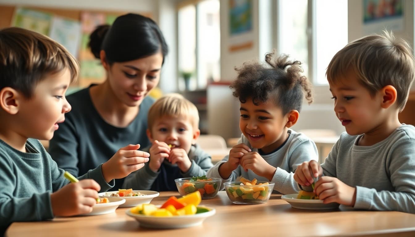 Preschool children eating healthy snacks at a classroom table with teacher supervising