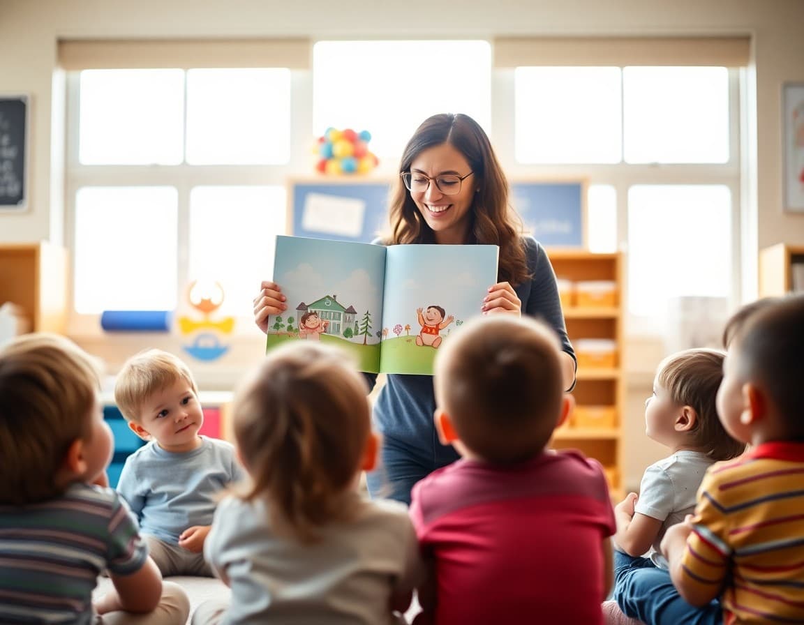 Pre-K teacher holding up a picture book during circle time with engaged young children