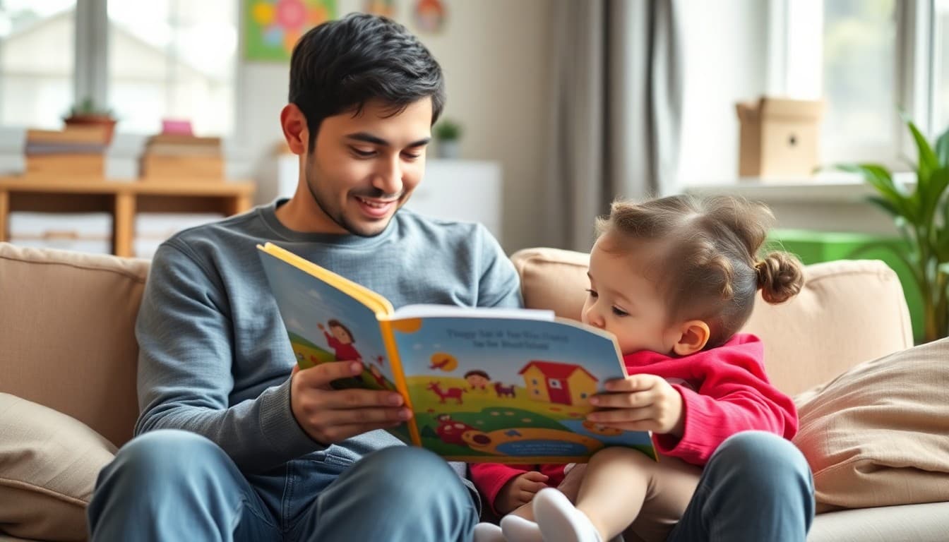 Parent reading a colorful picture book aloud to a preschool child on a cozy couch