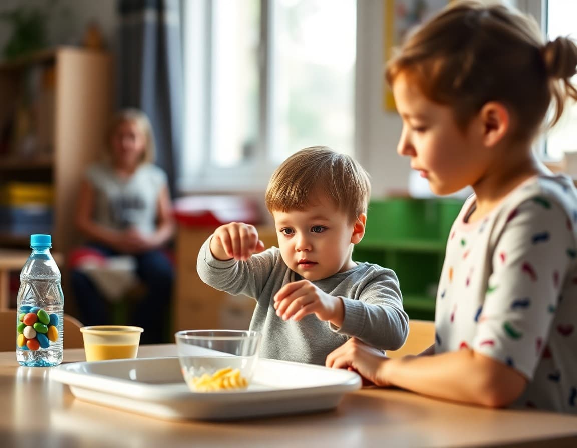Preschool child demonstrating self-care and independence skills with teacher watching