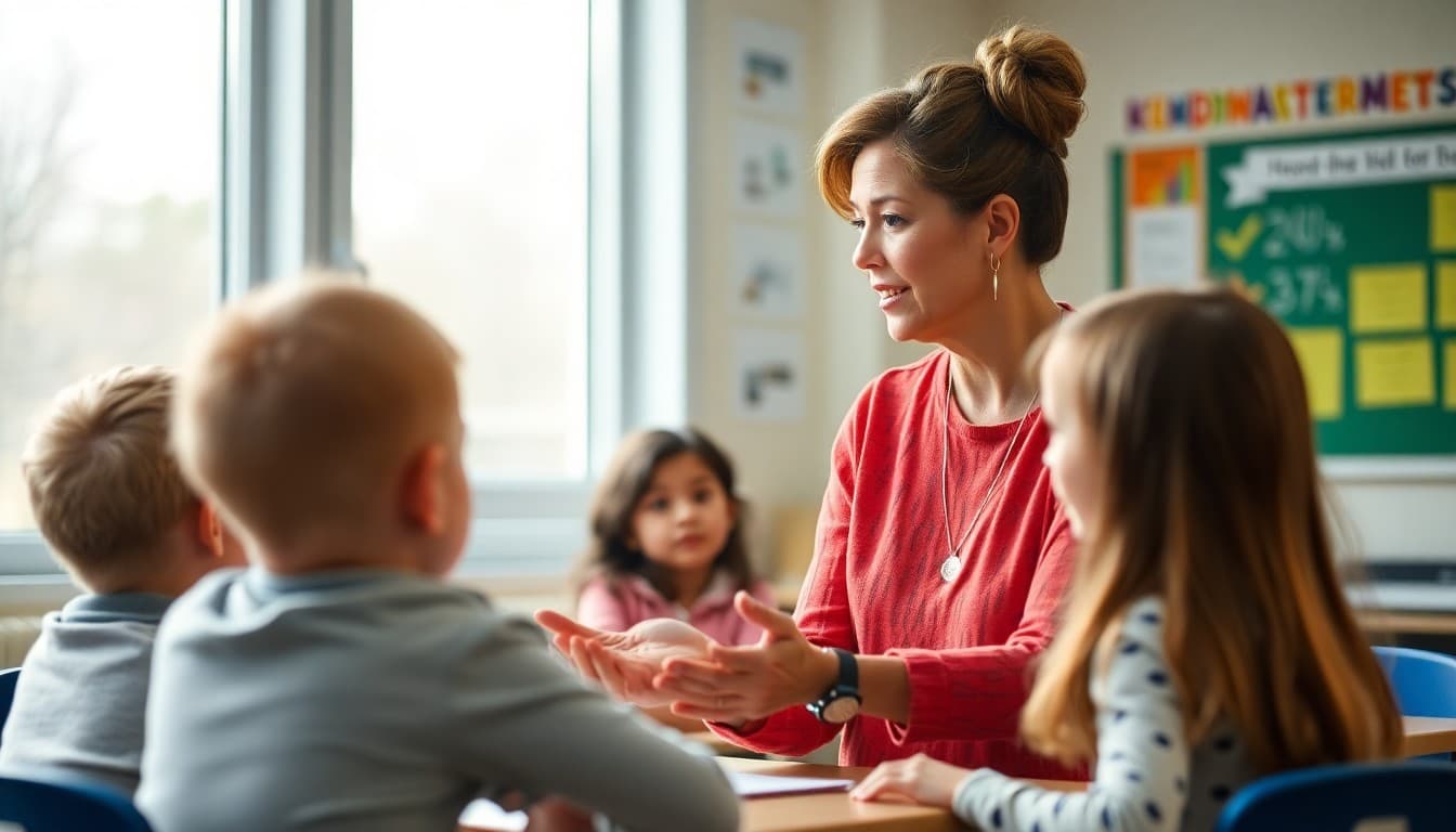 Pre-K teacher explaining kindergarten readiness skills to parents at a spring conference