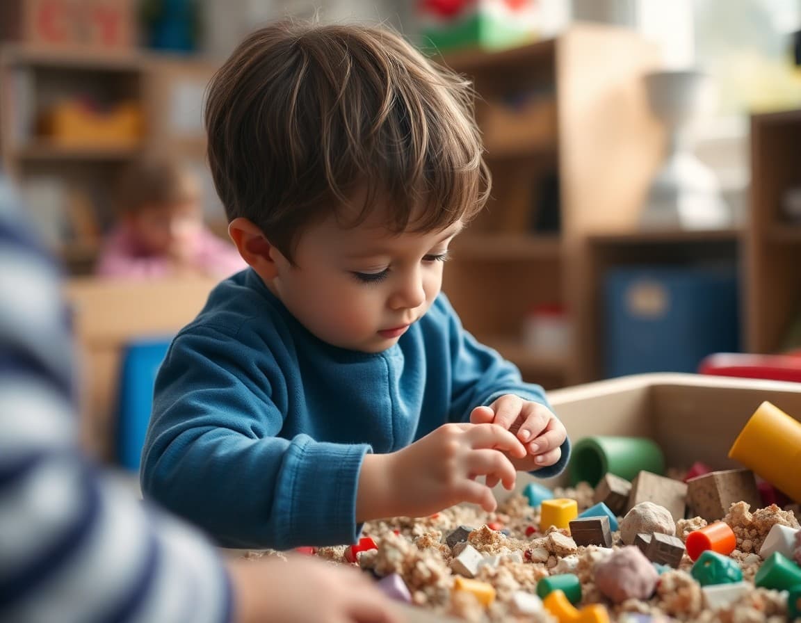 Young child investigating the texture of materials in a sensory bin during preschool