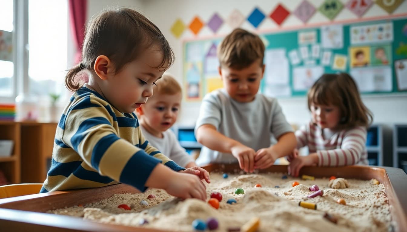 Preschool children exploring sensory play at a sand and water table in the classroom