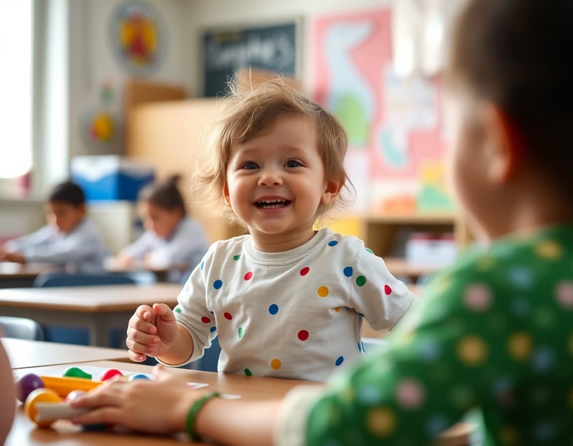 Preschool child happily playing in the classroom shortly after a difficult separation