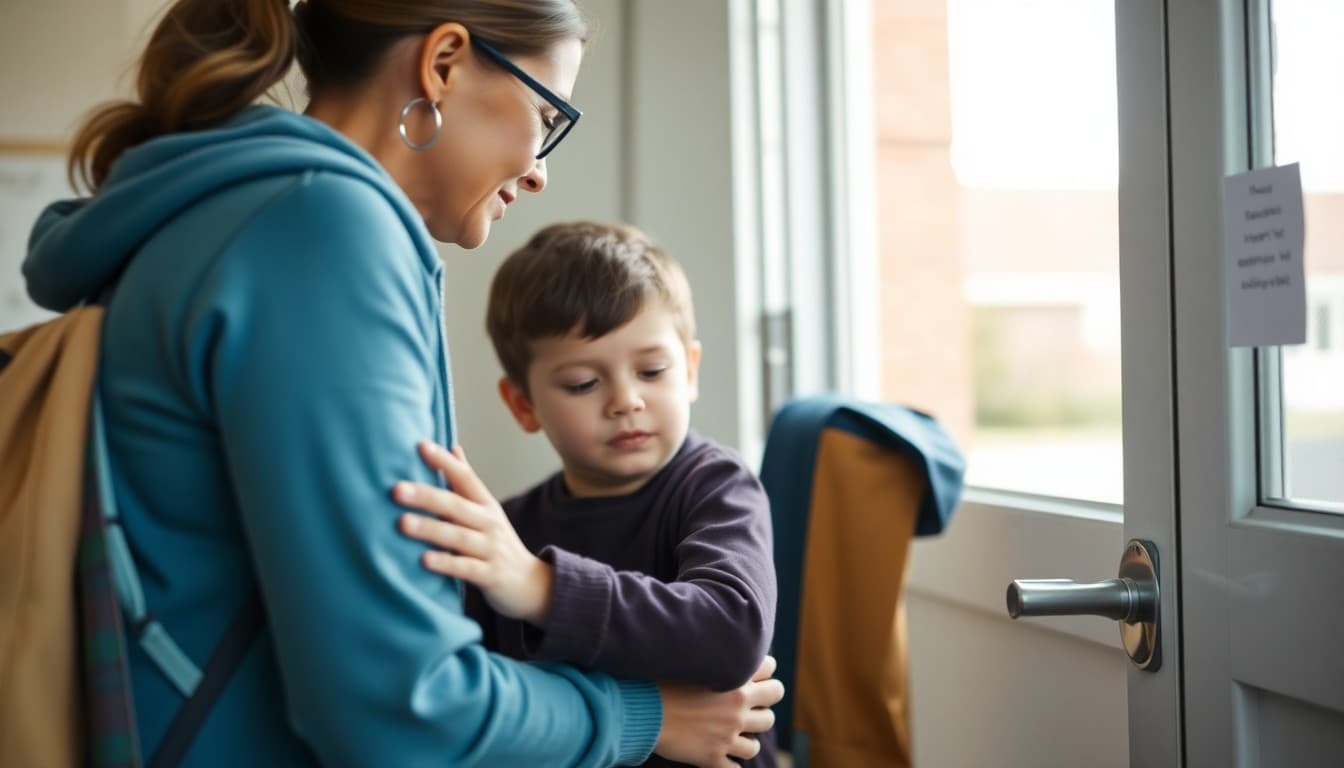 Parent comforting a child with separation anxiety at the school door during drop-off