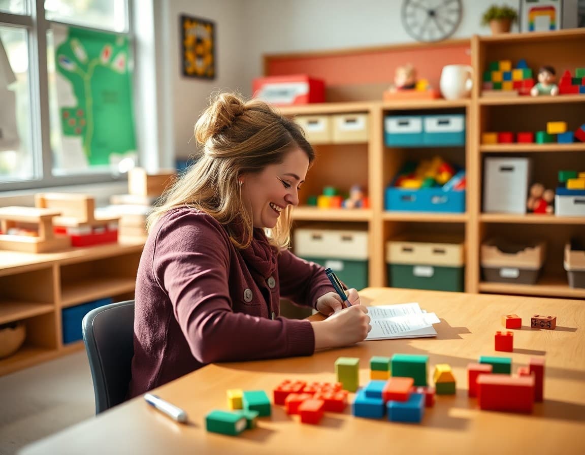 Pre-K teacher writing a block center newsletter at a desk with unit blocks visible on a shelf