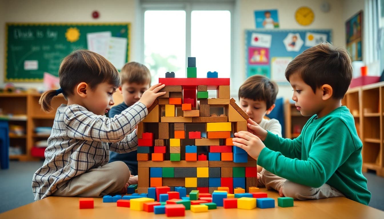 Pre-K children constructing an elaborate block structure together in a classroom block center