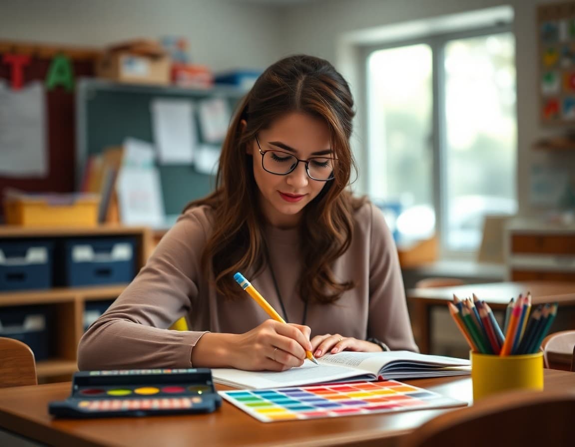 Pre-K teacher writing a colors unit newsletter with paint swatches visible on the desk
