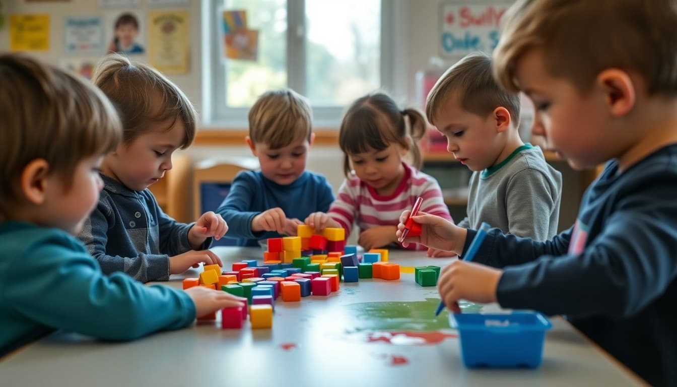Pre-K children sorting colored cubes and painting with primary colors at an activity table