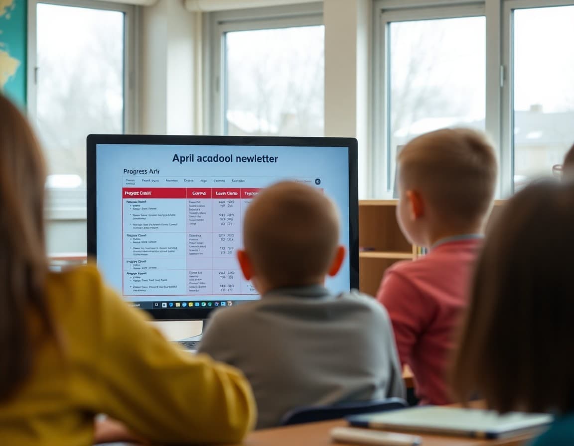 April academic newsletter showing progress charts and teacher notes on screen
