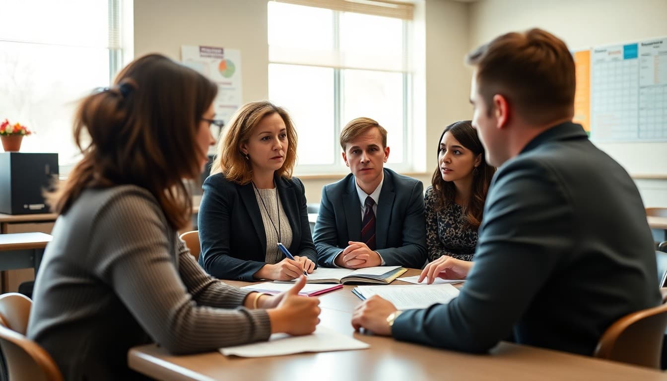 Principal reviewing April academic data with teachers in a school conference room