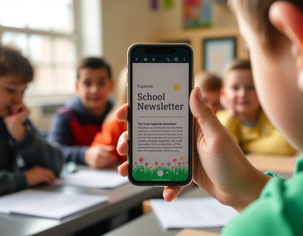 April school community newsletter shown on a smartphone with spring theme