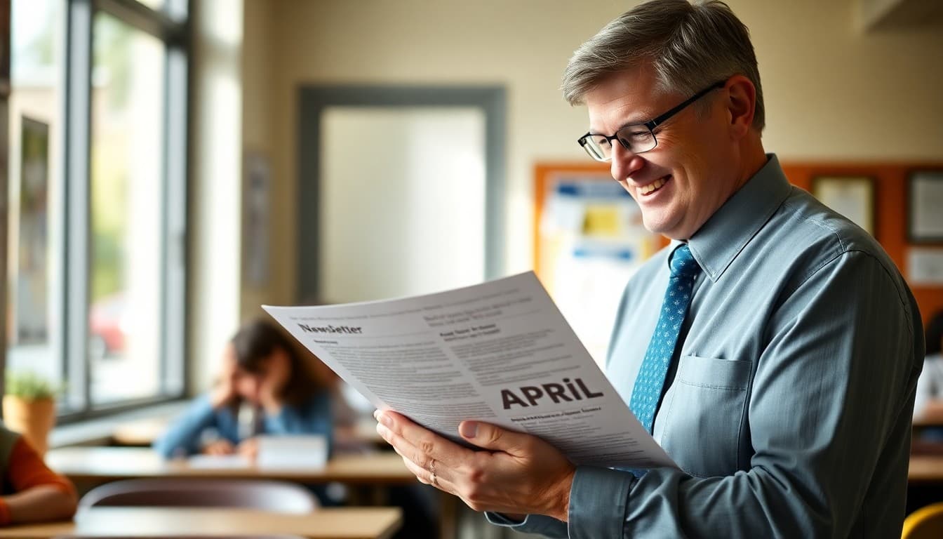 School principal smiling while reviewing an April community newsletter draft