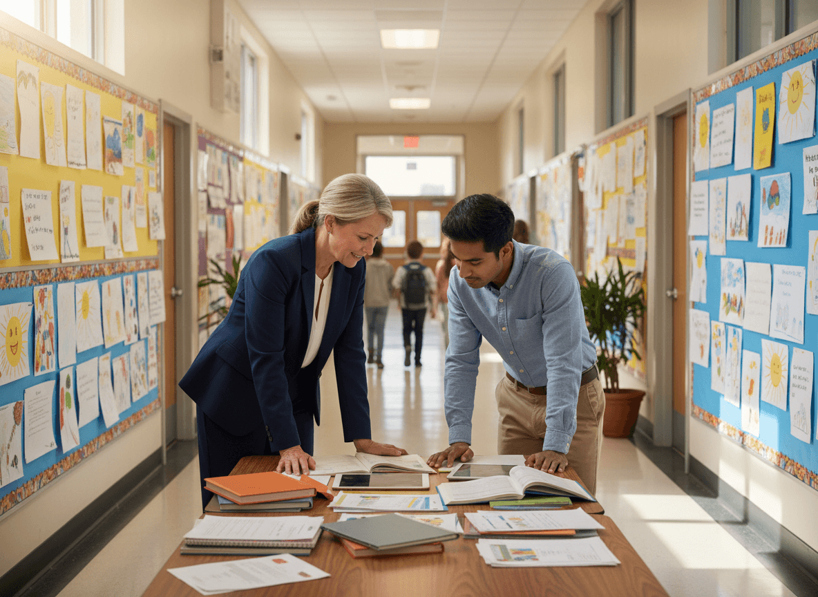 Principal reviewing curriculum materials with a teacher in a hallway lined with student work