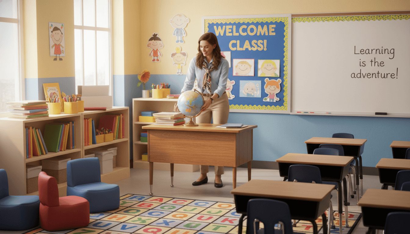 Teacher setting up a bright classroom with new supplies and books before the school year starts