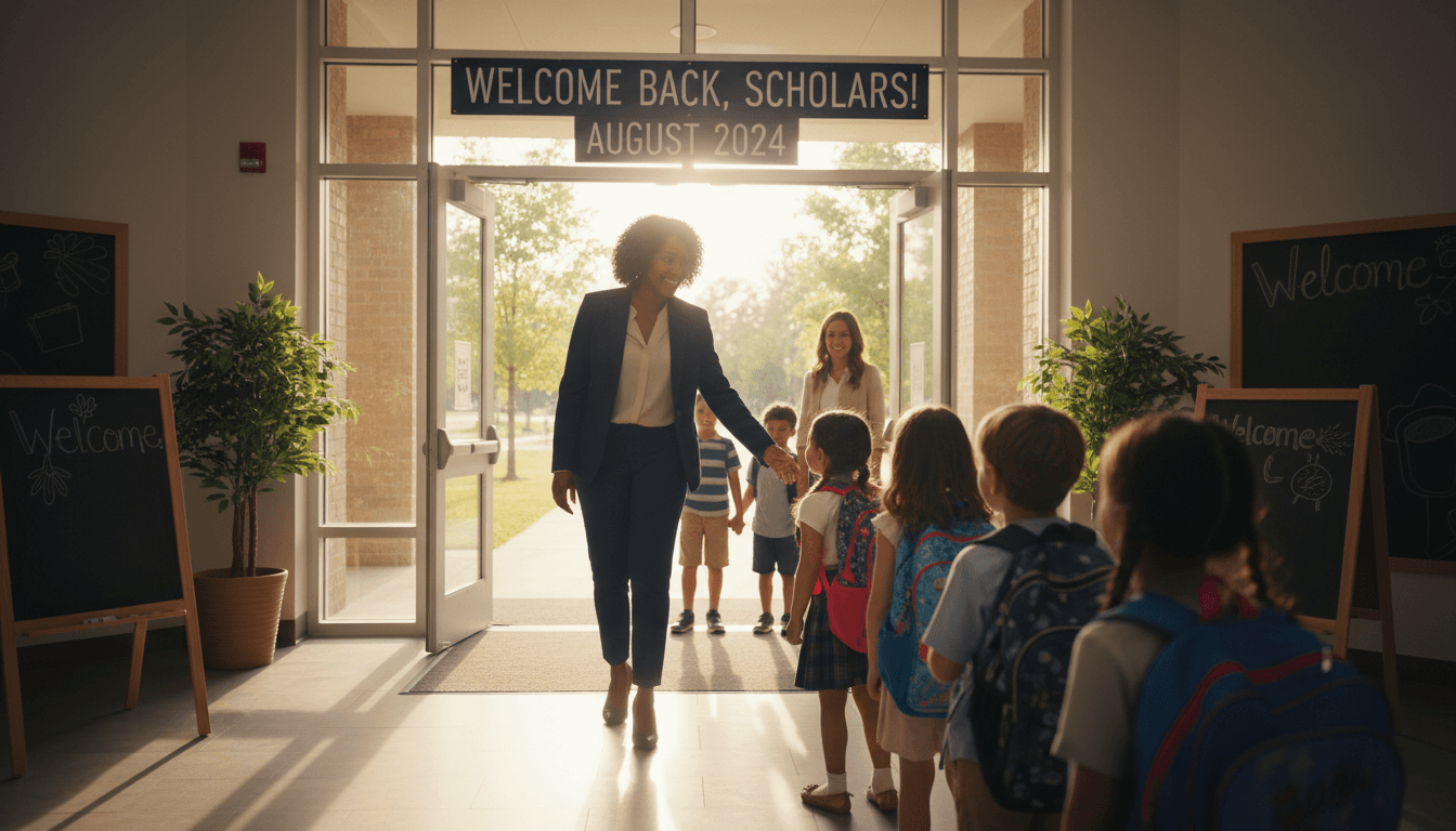 Assistant principal greeting students on the first day of school in August