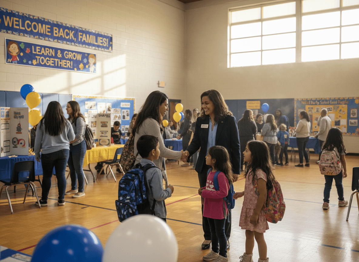 Principal greeting families at a back-to-school night event in a school gymnasium