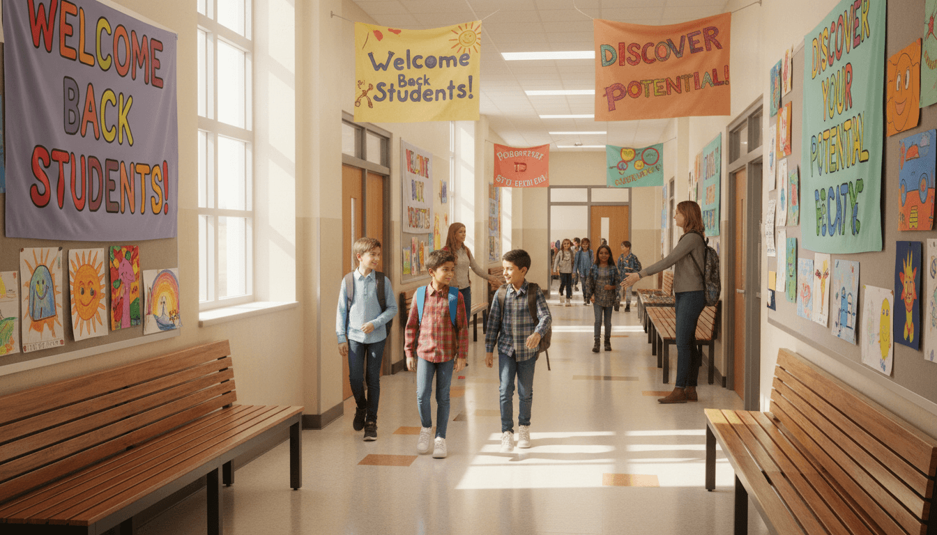 School hallway decorated with welcome banners and colorful student artwork for the new school year