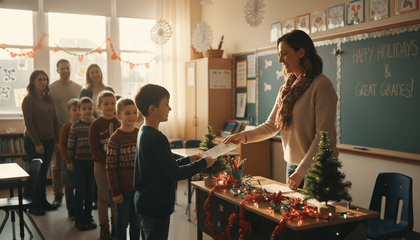 Teacher handing out first-semester report cards to students in a decorated December classroom