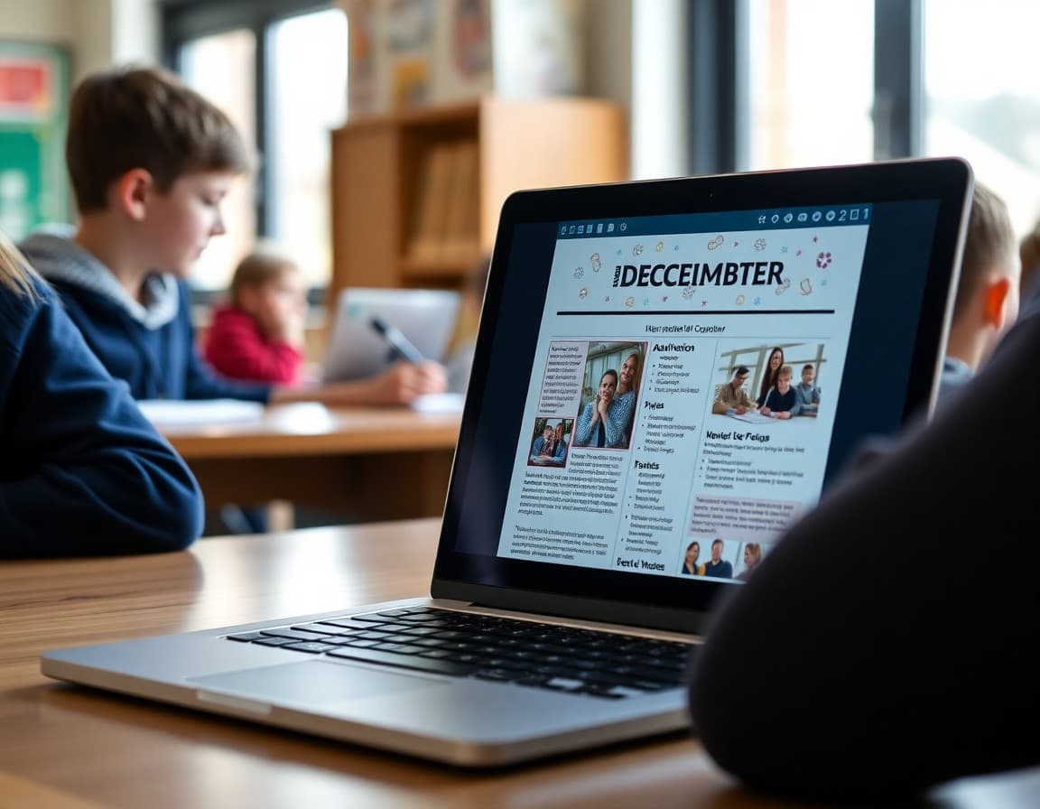 Sample December school newsletter layout on a laptop screen