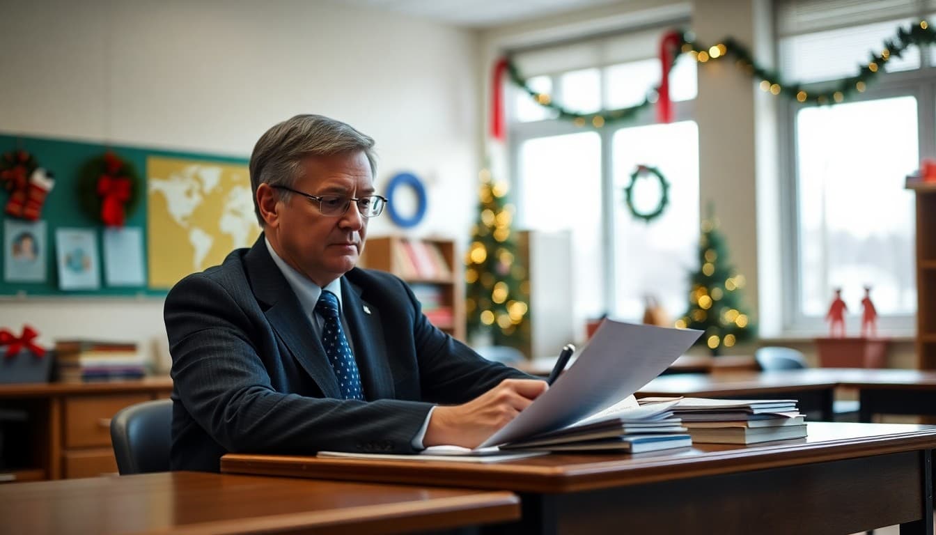 Principal writing a December newsletter at a desk with holiday decorations in the background