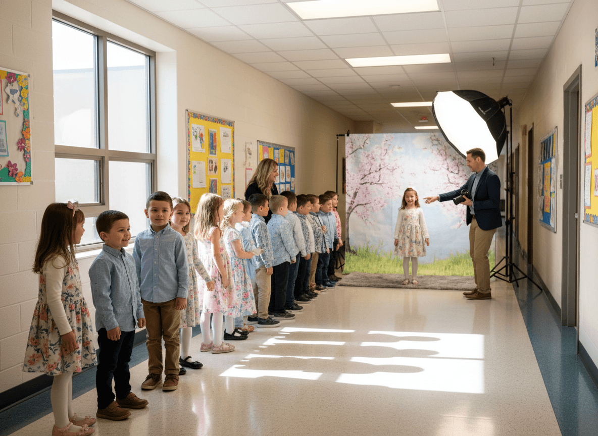 Elementary school spring pictures day with students lined up in the hallway near a photography backdrop
