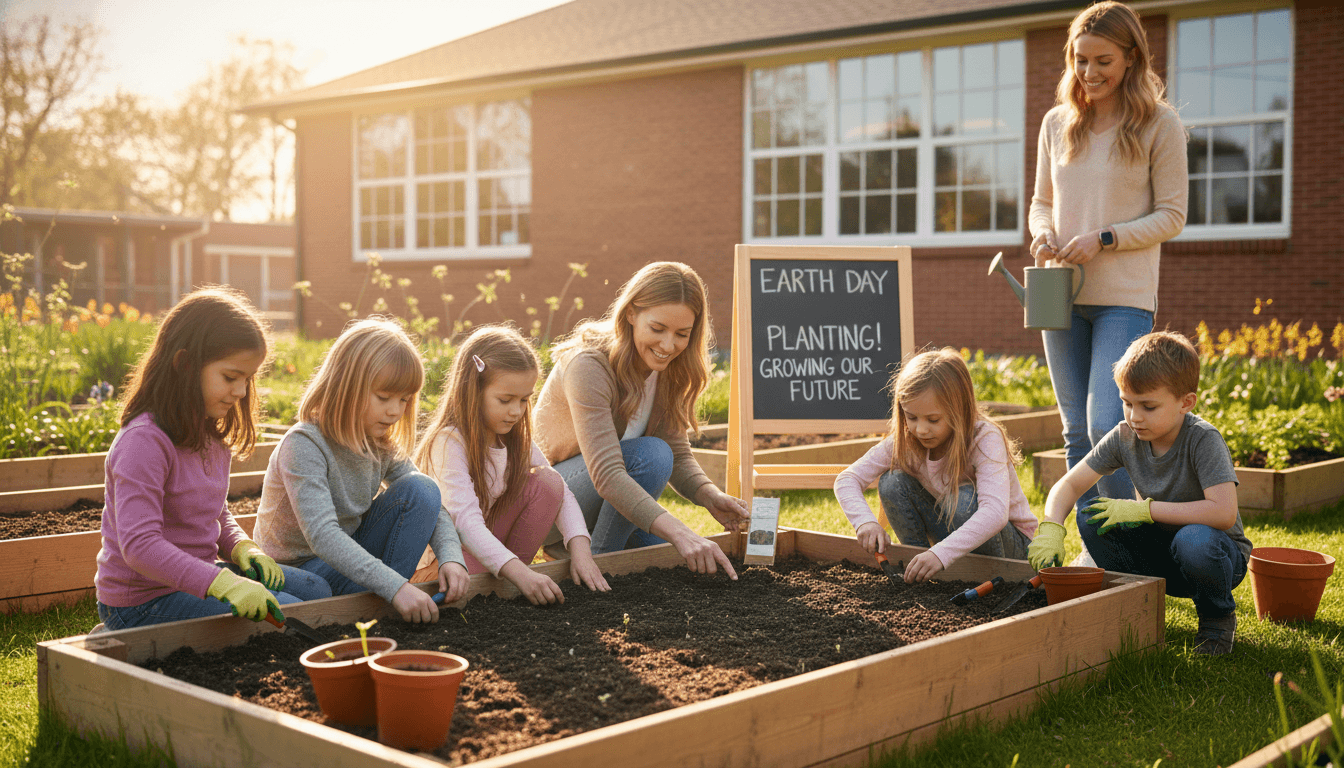 Elementary students planting seeds in a school garden during an Earth Day outdoor classroom activity